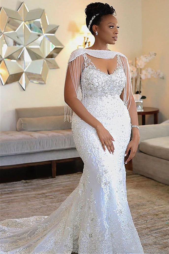 Mermaid Spaghetti Strap Short Train Chiffon Beaded Wedding Dress-Ballbella