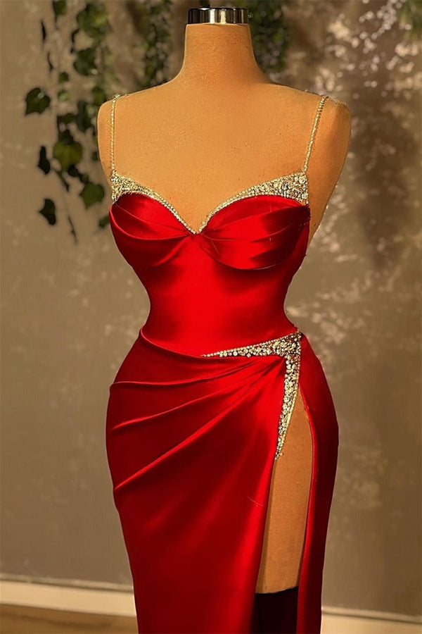 Mermaid Spaghetti strap Sweetheart Floor-length Sleeveless Sequined High Split Prom Dress-Ballbella
