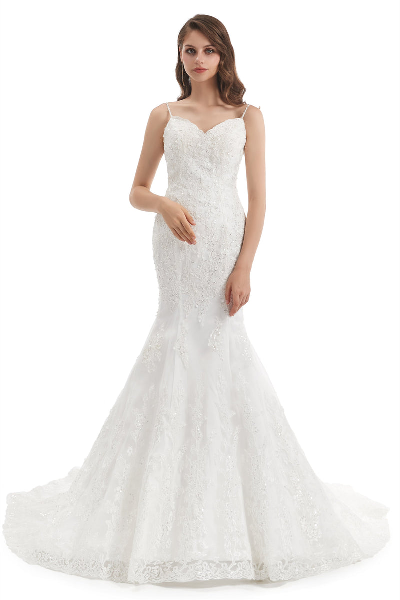 Mermaid Spaghetti strap Sweetheart Sequined Floor-length Sleeveless Backless Appliques Lace Wedding Dress-Ballbella