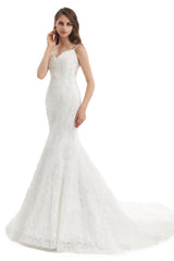 Mermaid Spaghetti strap Sweetheart Sequined Floor-length Sleeveless Backless Appliques Lace Wedding Dress-Ballbella