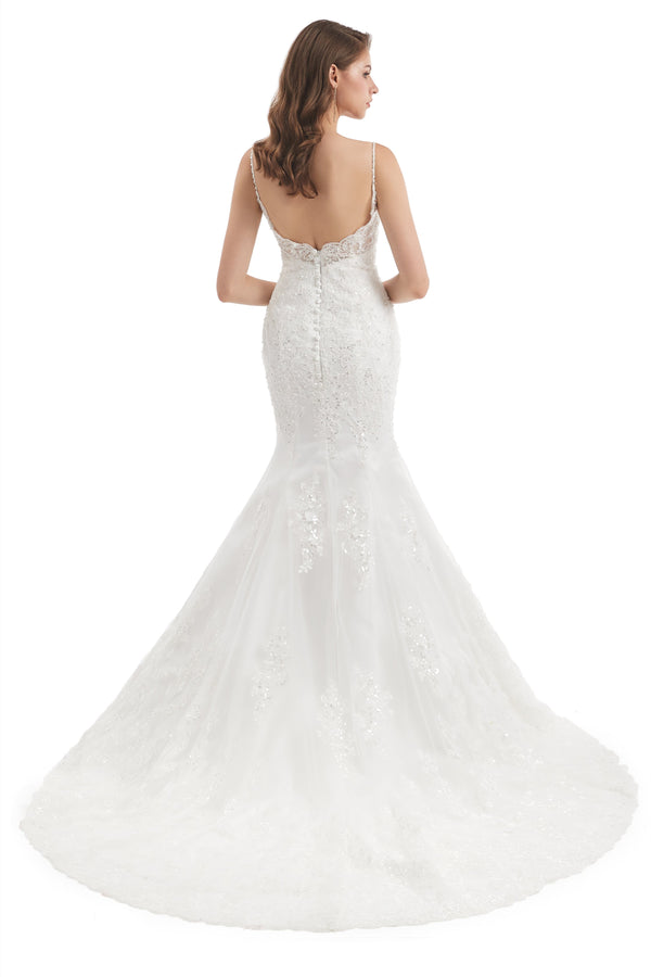 Mermaid Spaghetti strap Sweetheart Sequined Floor-length Sleeveless Backless Appliques Lace Wedding Dress-Ballbella
