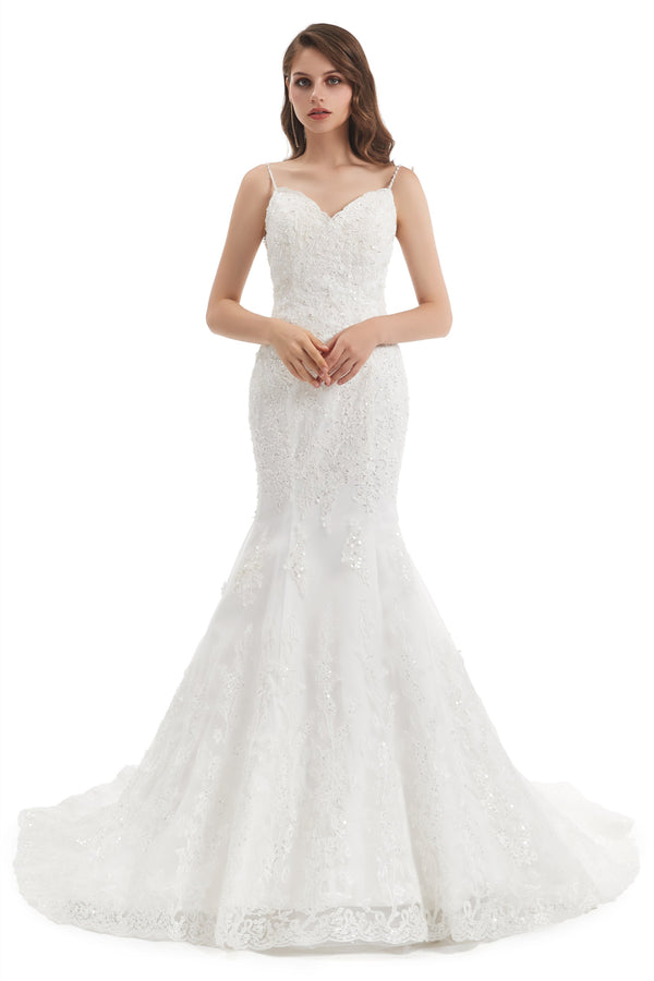 Mermaid Spaghetti strap Sweetheart Sequined Floor-length Sleeveless Backless Appliques Lace Wedding Dress-Ballbella