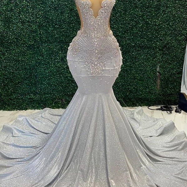 Mermaid Sparkle Silver Beaded Long Prom Dresses