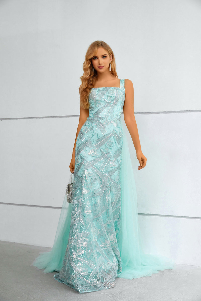 Mermaid Square Lace Applique Floor-length Sleeveless Backless Prom Dress with Side Train-Ballbella