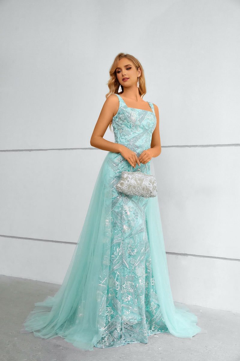 Mermaid Square Lace Applique Floor-length Sleeveless Backless Prom Dress with Side Train-Ballbella