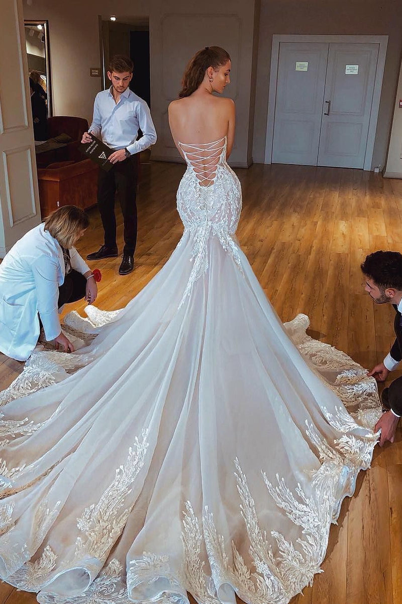 Mermaid Strapless Chapel Train Tulle Lace Applique Backless Wedding Dr Ballbella Mermaid Strapless Chapel Train Tulle Lace Applique Backless Wedding Dr Ballbella