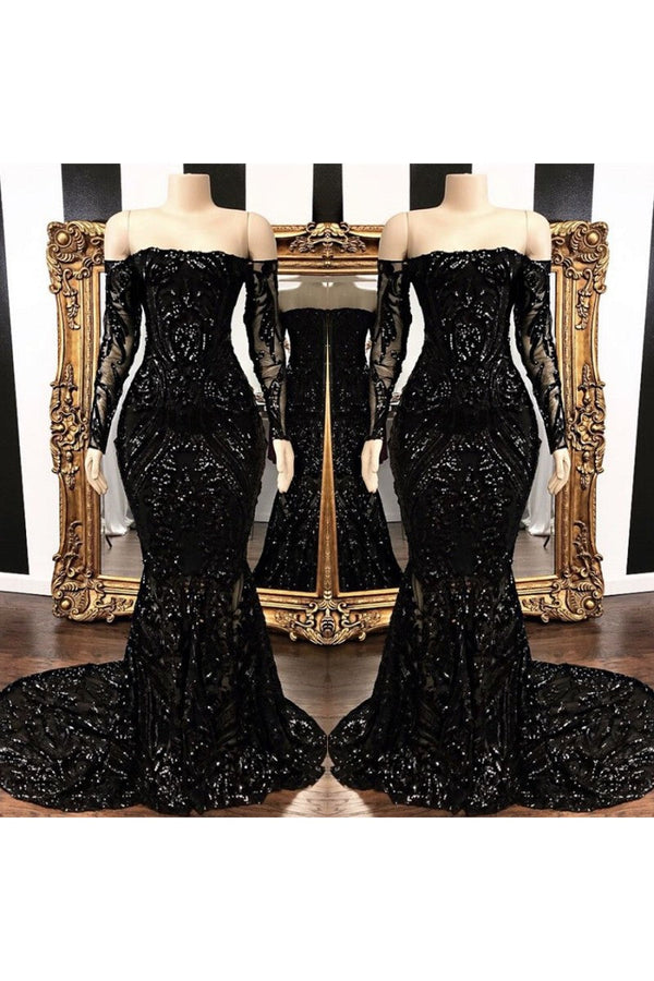 Mermaid Strapless Court Length Long Sleeve Beaded Paillette Embroidery Prom Dress-Ballbella