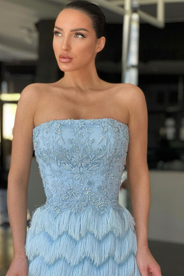 Mermaid Strapless Floor-length Cap Sleeve Appliques Lace with Feather Prom Dress-Ballbella