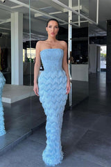 Mermaid Strapless Floor-length Cap Sleeve Appliques Lace with Feather Prom Dress-Ballbella