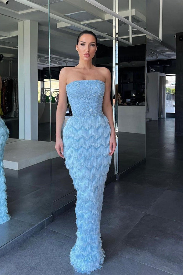 Mermaid Strapless Floor-length Cap Sleeve Appliques Lace with Feather Prom Dress-Ballbella