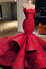 Mermaid Strapless Floor Length Chapel Paillette Prom Dress-Ballbella