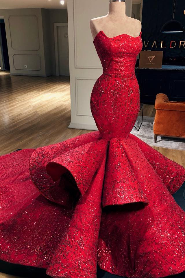 Mermaid Strapless Floor Length Chapel Paillette Prom Dress-Ballbella