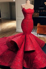 Mermaid Strapless Floor Length Chapel Paillette Prom Dress-Ballbella