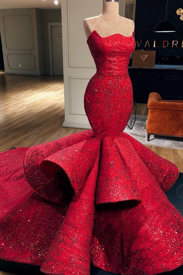 Mermaid Strapless Floor Length Chapel Paillette Prom Dress-Ballbella