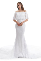 Mermaid Strapless Floor-length Off-the-shoulder Appliques Lace Short Sleeve Floor-length Wedding Dress-Ballbella