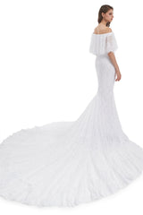 Mermaid Strapless Floor-length Off-the-shoulder Appliques Lace Short Sleeve Floor-length Wedding Dress-Ballbella