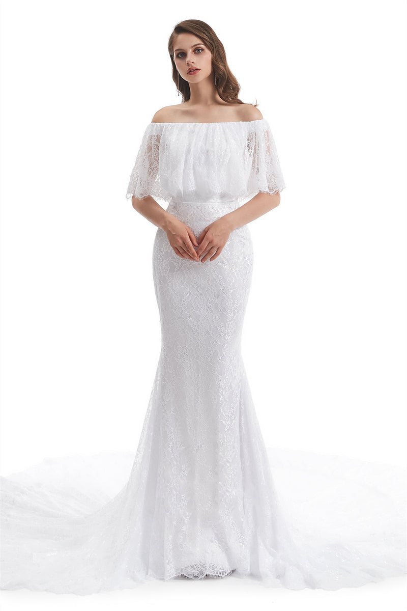 Mermaid Strapless Floor-length Off-the-shoulder Appliques Lace Short Sleeve Floor-length Wedding Dress-Ballbella