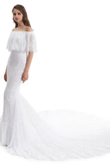 Mermaid Strapless Floor-length Off-the-shoulder Appliques Lace Short Sleeve Floor-length Wedding Dress-Ballbella