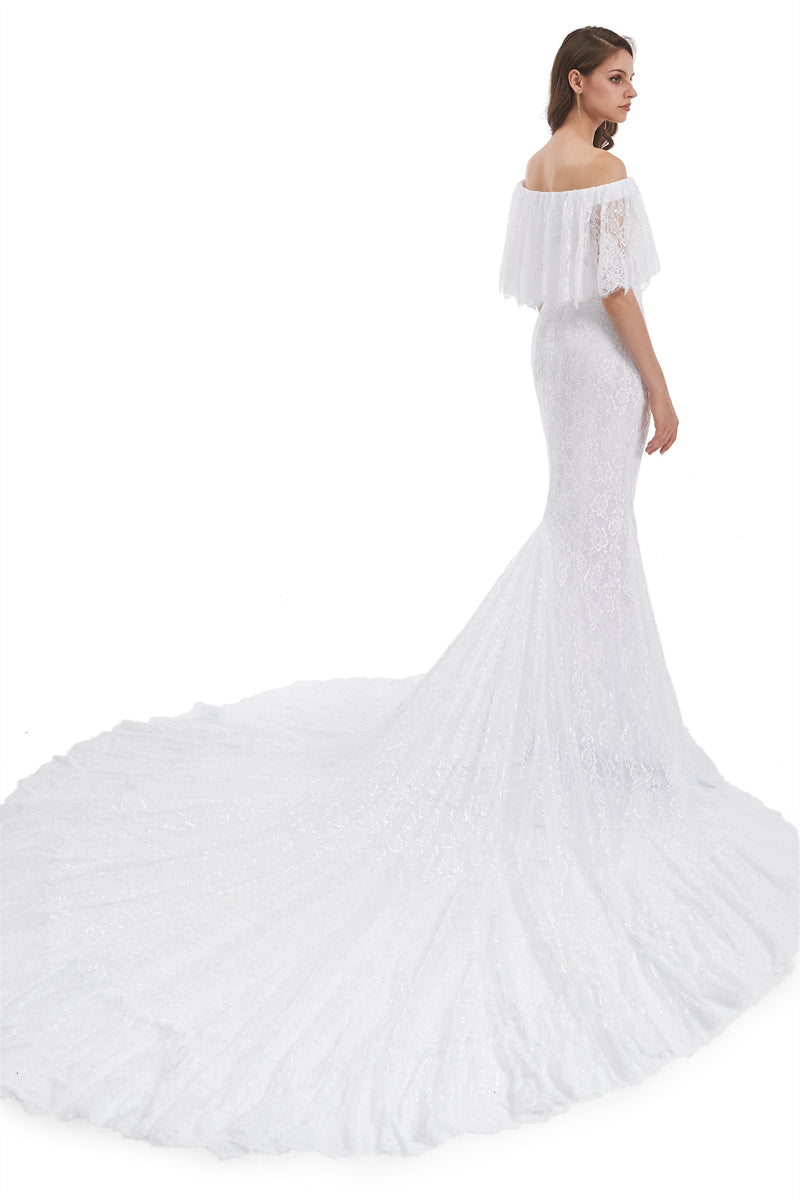 Mermaid Strapless Floor-length Off-the-shoulder Appliques Lace Short Sleeve Floor-length Wedding Dress-Ballbella
