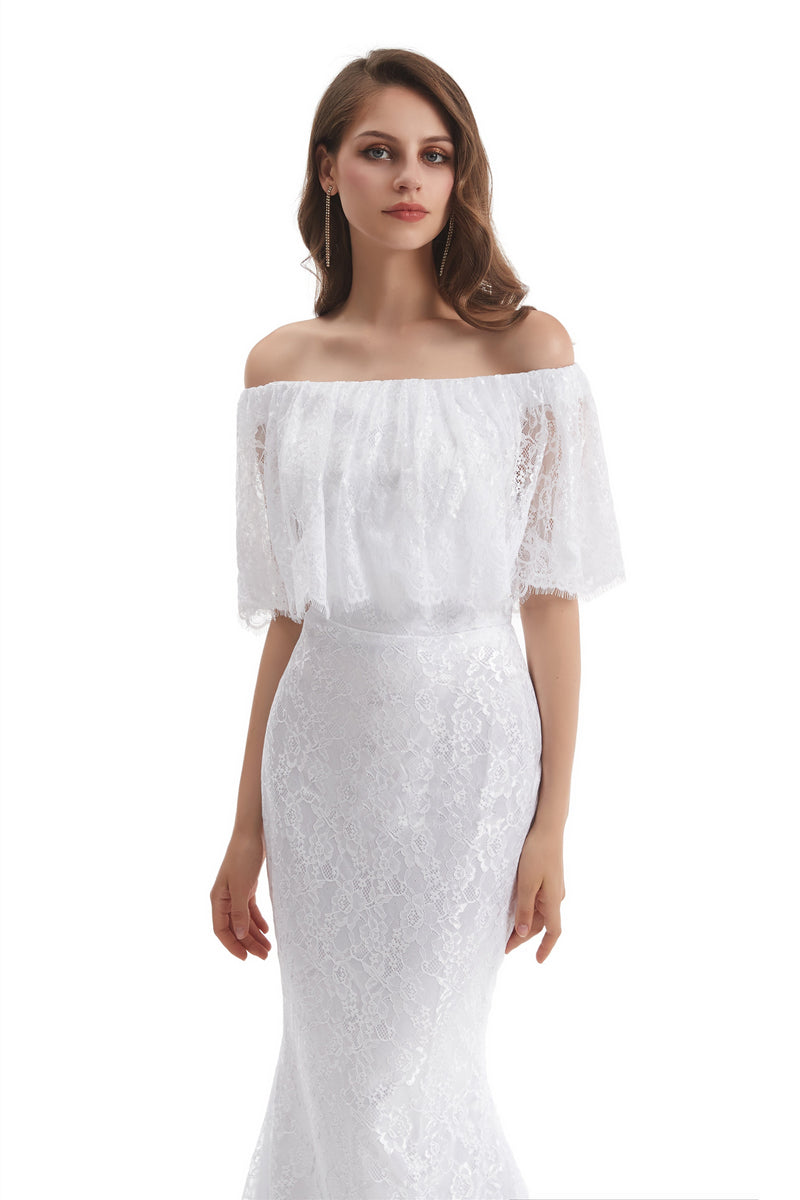 Mermaid Strapless Floor-length Off-the-shoulder Appliques Lace Short Sleeve Floor-length Wedding Dress-Ballbella