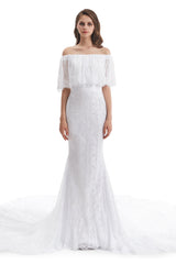 Mermaid Strapless Floor-length Off-the-shoulder Appliques Lace Short Sleeve Floor-length Wedding Dress-Ballbella