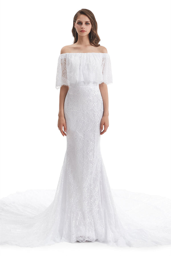 Mermaid Strapless Floor-length Off-the-shoulder Appliques Lace Short Sleeve Floor-length Wedding Dress-Ballbella