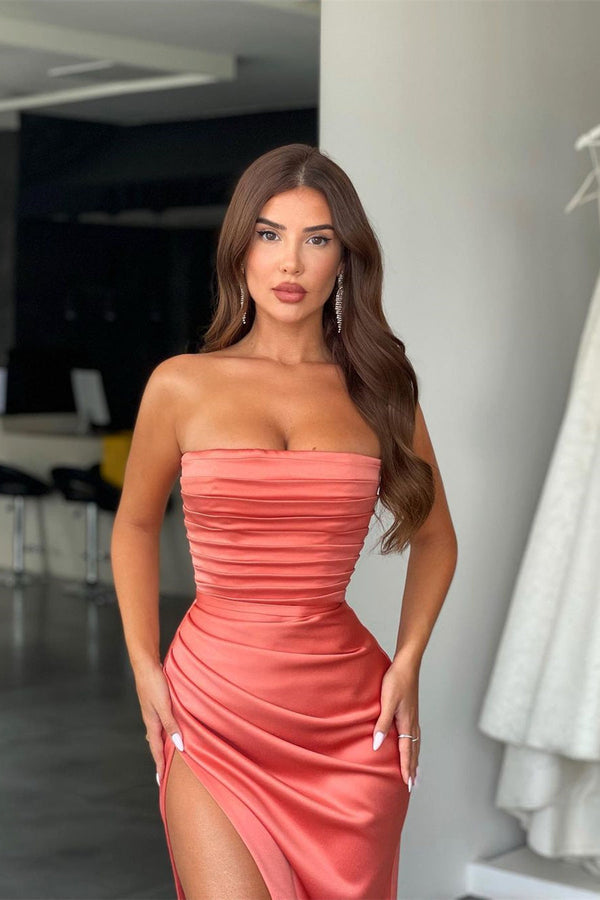 Mermaid Strapless High Split Ruffles Floor-length Sleeveless Open Back Prom Dress-Ballbella