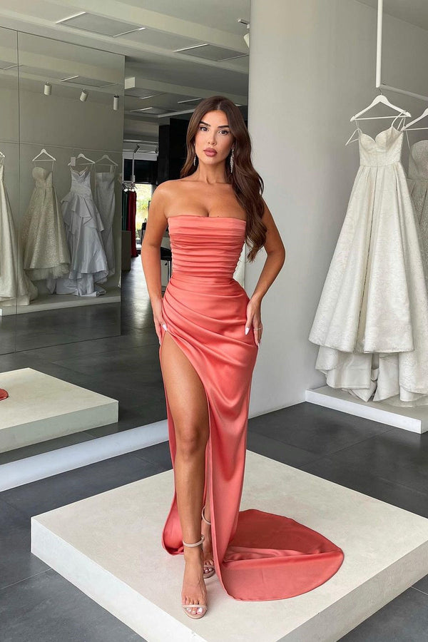 Mermaid Strapless High Split Ruffles Floor-length Sleeveless Open Back Prom Dress-Ballbella