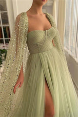 Mermaid Strapless Lace Sequined Floor-length Sleeveless With Shawl High Split Prom Dress-Ballbella