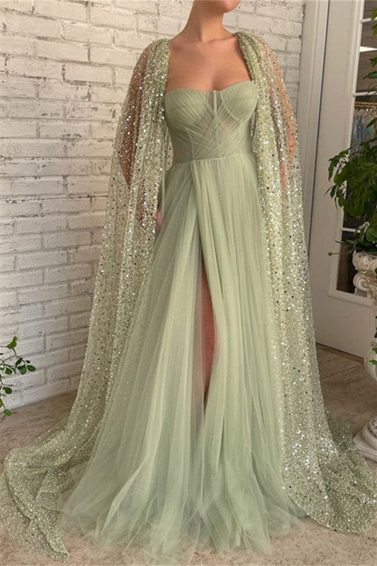 Mermaid Strapless Lace Sequined Floor-length Sleeveless With Shawl High Split Prom Dress-Ballbella