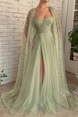 Mermaid Strapless Lace Sequined Floor-length Sleeveless With Shawl High Split Prom Dress-Ballbella
