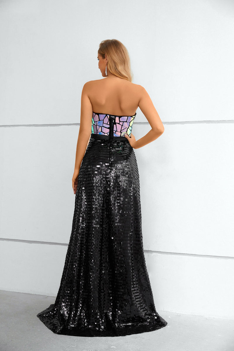 Mermaid Strapless Sequined Floor-length Sleeveless Backless Lace Prom Dress-Ballbella
