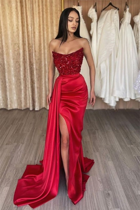 Mermaid Strapless Sequined High Split Floor-length Sleeveless Prom Dress-Ballbella