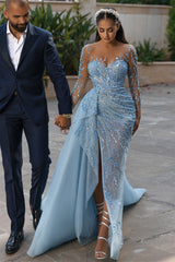 Mermaid Strapless Sweetheart Floor-length With Side Train Appliques Lace High Split Long Sleeve Prom Dress-Ballbella
