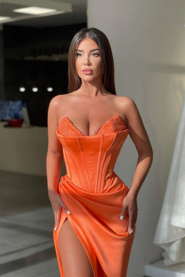 Mermaid Strapless Sweetheart High Split Ruffles Floor-length Sleeveless Open Back Prom Dress-Ballbella