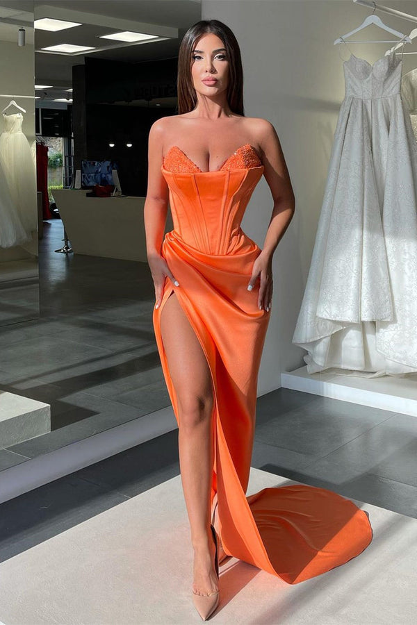 Mermaid Strapless Sweetheart High Split Ruffles Floor-length Sleeveless Open Back Prom Dress-Ballbella