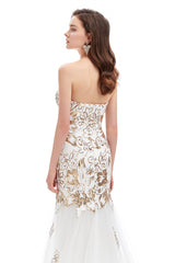 Mermaid Strapless Sweetheart Lace Sequined Floor-length Sleeveless Backless Prom Dress-Ballbella