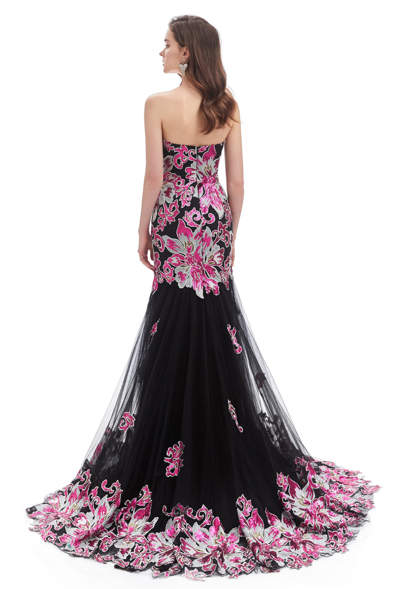 Mermaid Strapless Sweetheart Lace Sequined Floor-length Sleeveless Backless Prom Dress-Ballbella