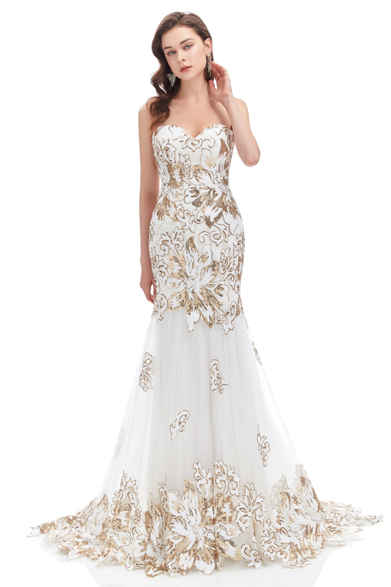 Mermaid Strapless Sweetheart Lace Sequined Floor-length Sleeveless Backless Prom Dress-Ballbella