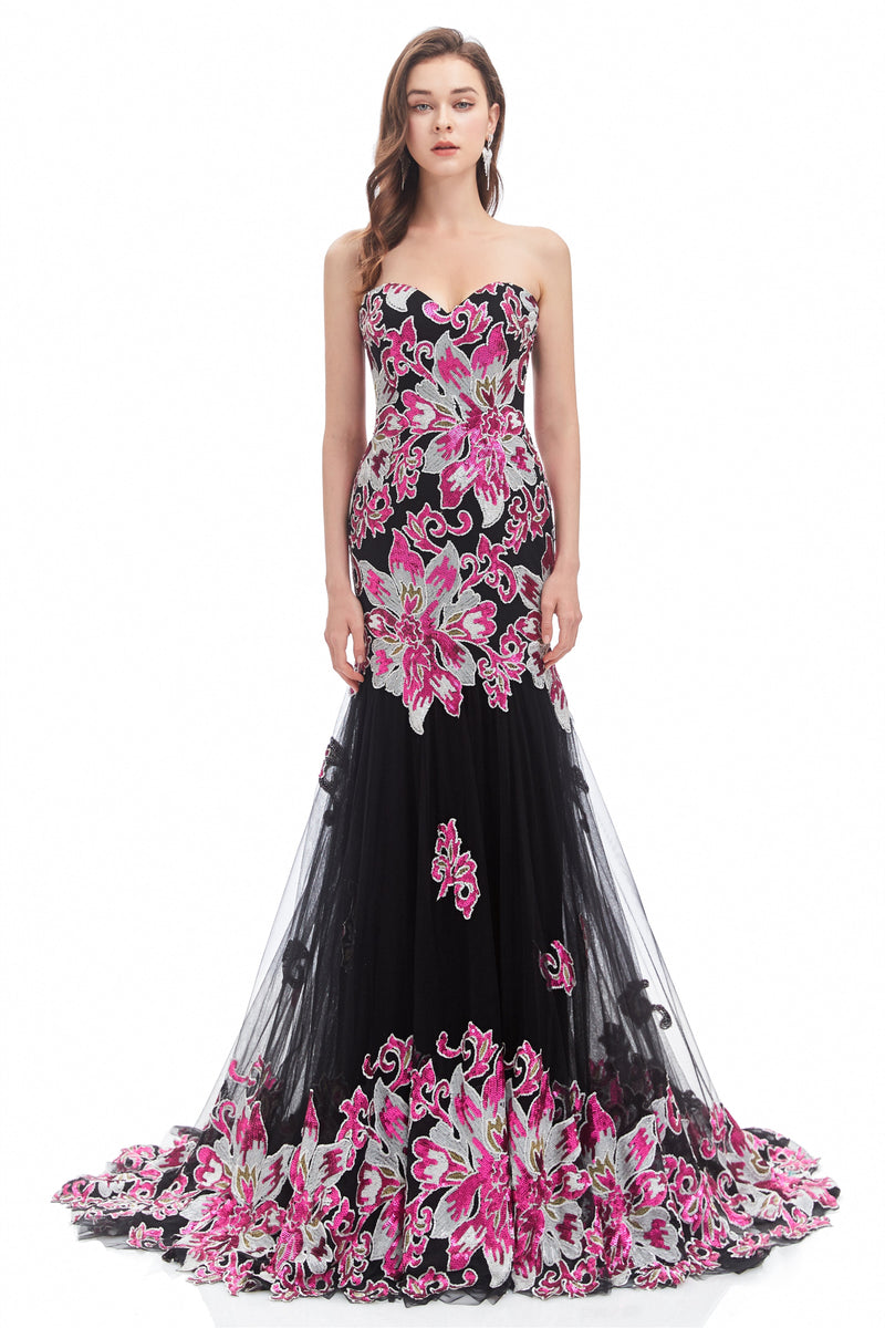 Mermaid Strapless Sweetheart Lace Sequined Floor-length Sleeveless Backless Prom Dress-Ballbella