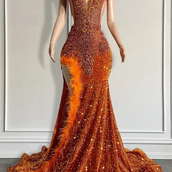 Mermaid Style Burnt Orange Sequins Prom Dress with Side Slit Long