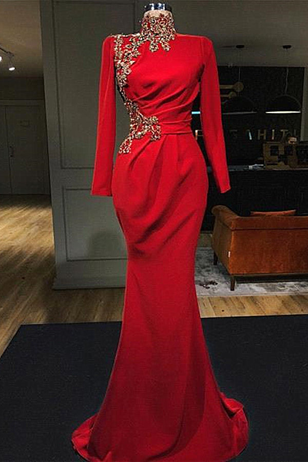 Mermaid Sweetheart Floor-length Appliques High Split Long Sleeve Prom Dress-Ballbella