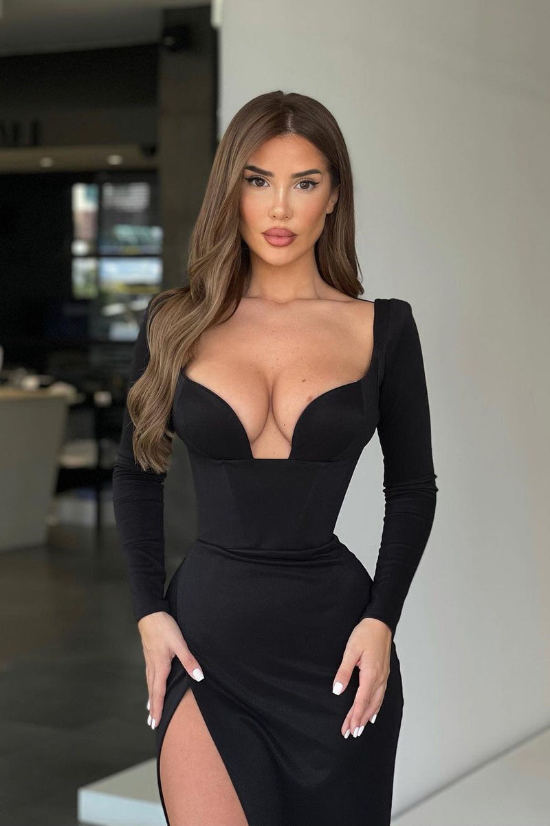 open cleavage prom dress Mermaid Sweetheart Floor-length Long Sleeve Open Back Side Train High Split Prom Dress