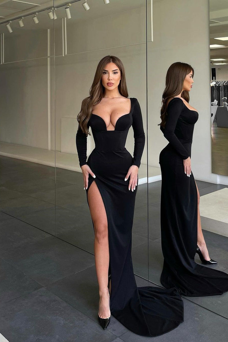 black long sleeve open back prom dress open back long dress Keaton