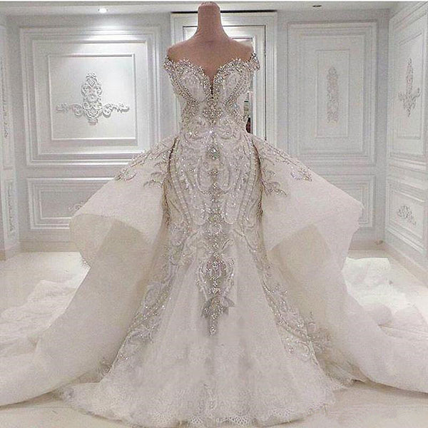 Mermaid Sweetheart Floor Length Wide Hem Tulle Beading Wedding Dress-Ballbella
