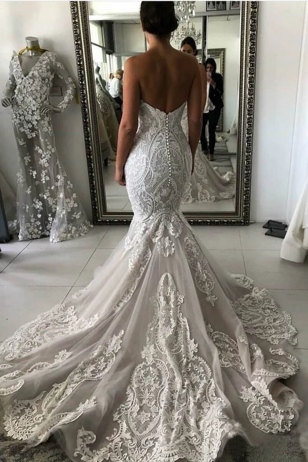 Mermaid Sweetheart Long Train Tulle Applique Wedding Dress-Ballbella