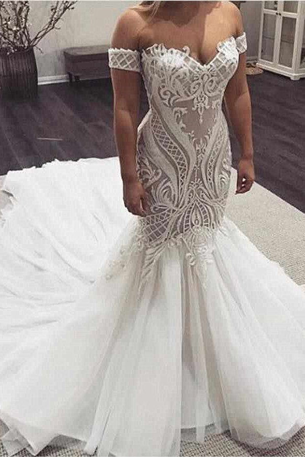 Mermaid Sweetheart Long Train Tulle Applique Wedding Dress-Ballbella