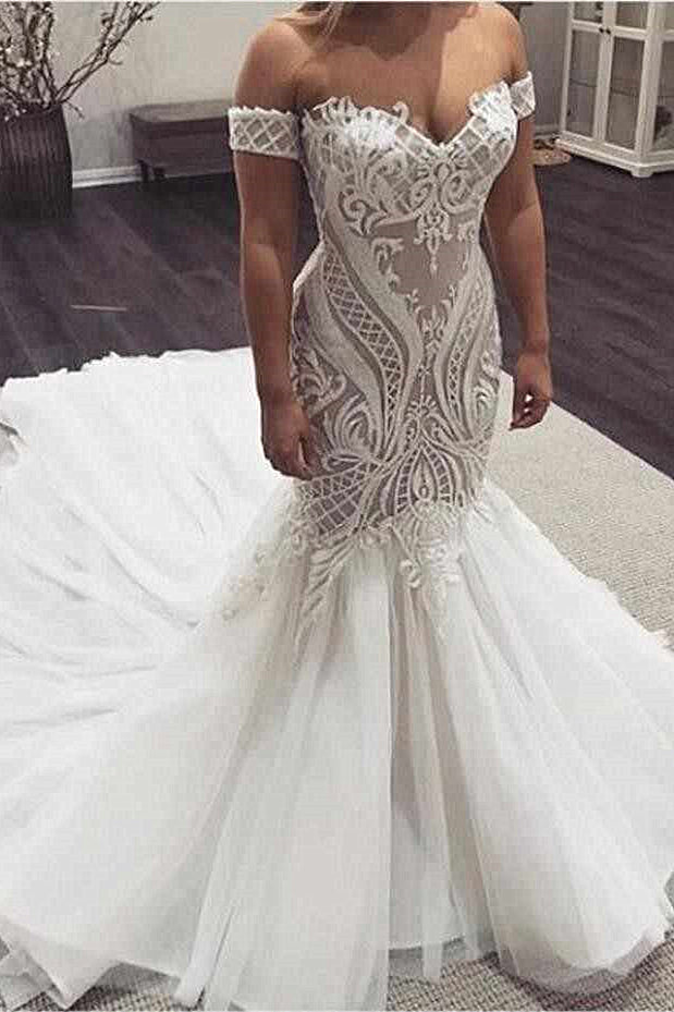 Mermaid Sweetheart Long Train Tulle Applique Wedding Dress-Ballbella