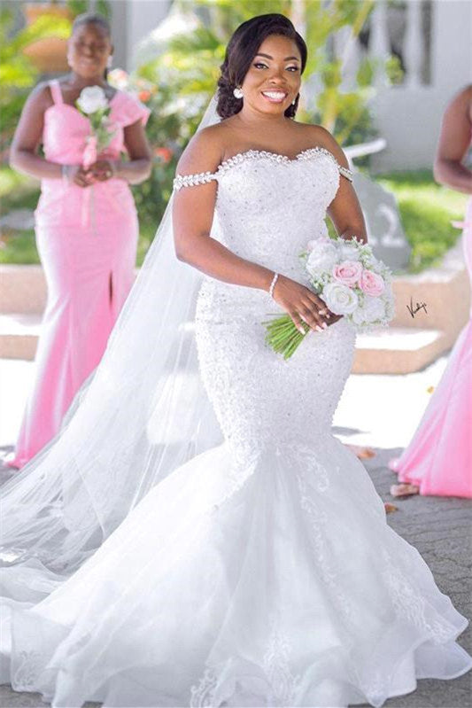 Mermaid Sweetheart Off-the-shoulder Floor-length Sleeveless Backless Appliques Lace Wedding Dress-Ballbella