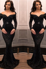 Mermaid Sweetheart Portrait Long Sleeves Floor Length Court Paillette Evening Dress-Ballbella